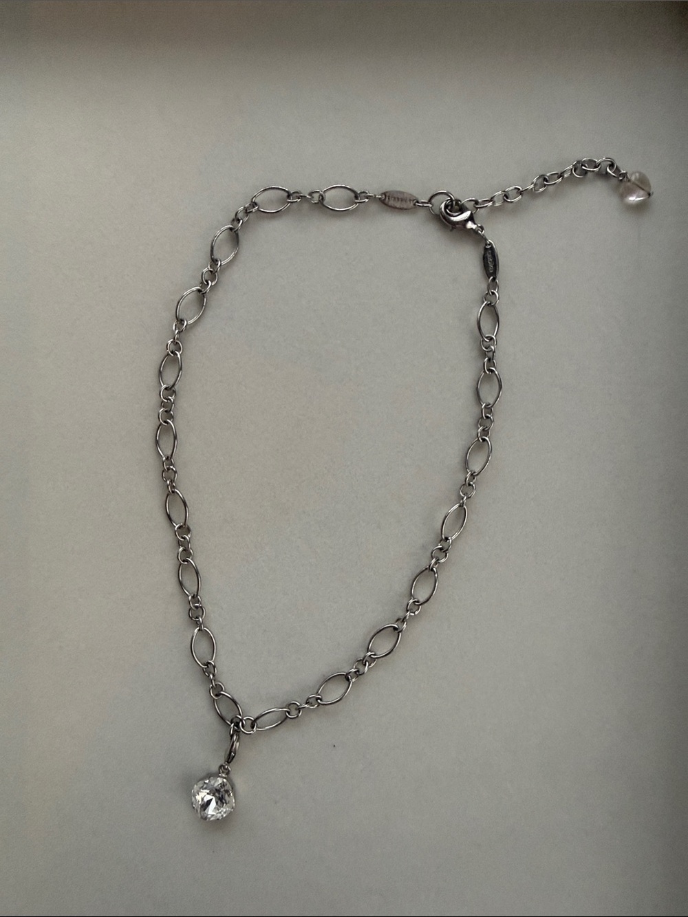 Sabika Silver Oval Link Necklace with Clear Crystal Drop